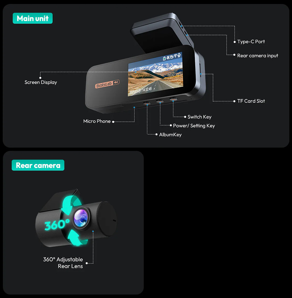Botslab G980H Pro 4K aut&oacute;s kamera, első &eacute;s h&aacute;ts&oacute;, &eacute;jjell&aacute;t&oacute;, 170&deg; ultrasz&eacute;les l&aacute;t&oacute;sz&ouml;gű ADAS rendszerrel, 24/7 parkol&aacute;si m&oacute;d, Sony IMX415, ingyenes 64 GB-os SD-k&aacute;rtya, 5G/2.4G WiFi, GPS, hurokfelv&eacute;tel