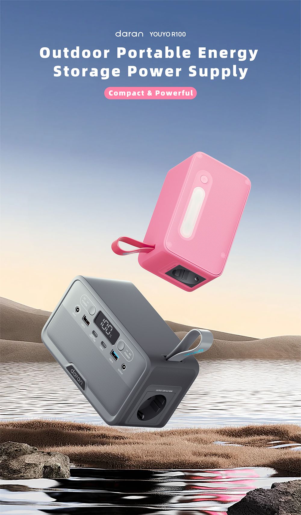 DaranEner YOUYO R100 100W Portable Power Station, 4x USB, 1x DC a 2x AC porty, 89.6Wh LiFePO4, LED & Compact