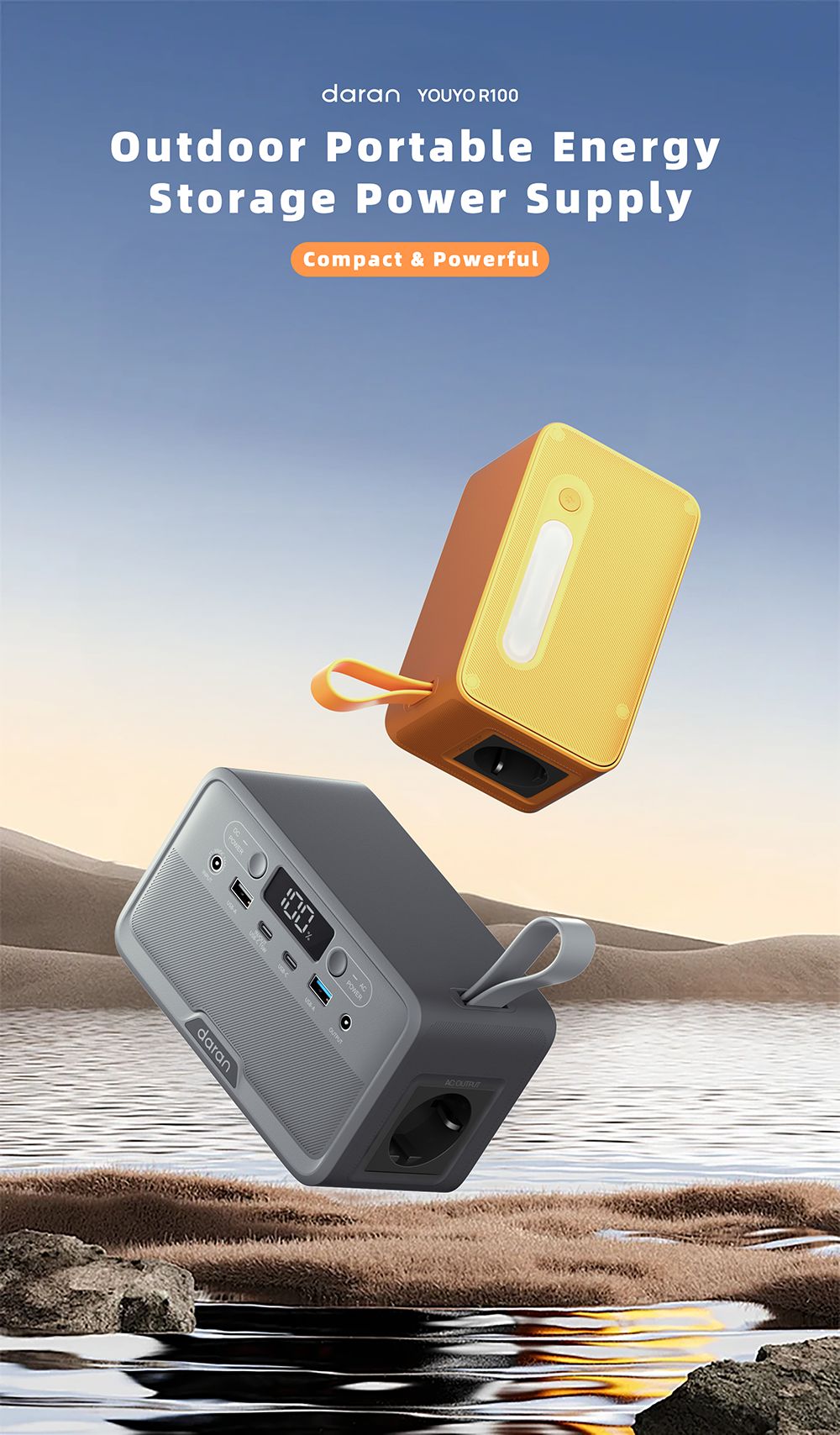 DaranEner YOUYO R100 100W Portable Power Station, 4x USB, 1x DC a 2x AC porty, 89.6Wh LiFePO4, LED & kompaktná, sivá