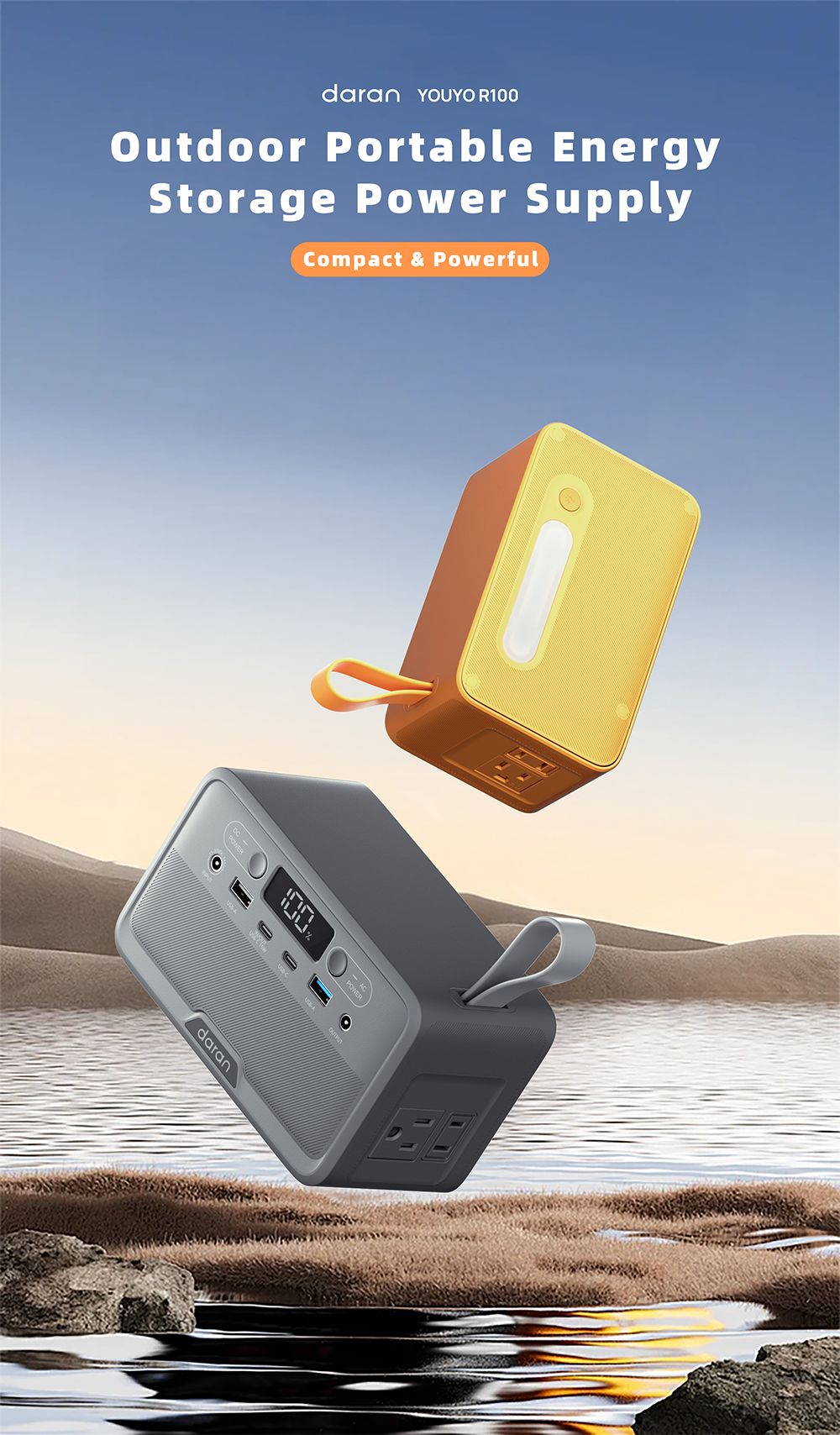 DaranEner YOUYO R100 100W Portable Power Station, 4x USB, 1x DC a 2x AC porty, 89.6Wh LiFePO4, LED & kompaktná, žltá