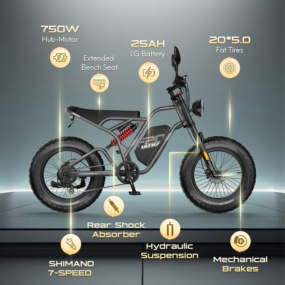 Fafrees F20 Ultra Electric Bike (Brake Upgraded Version), 750W Motor, 48V 25Ah Battery, 20*5.0 palcové tučné pneumatiky, maximálny dojazd 140 km, mechanické kotúčové brzdy, hydraulické odpruženie, 7-rýchlostný prevod Shimano - čierny