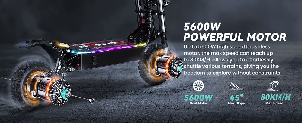 Elektrický skúter FENGQS GT8 PRO, 2800W*2 motor, 67.2V 38Ah batéria, 11 palcové pneumatiky, max. rýchlosť 80 km/h, dojazd 90 km, hydraulické kotúčové brzdy, dvojitý systém odpruženia, LCD displej