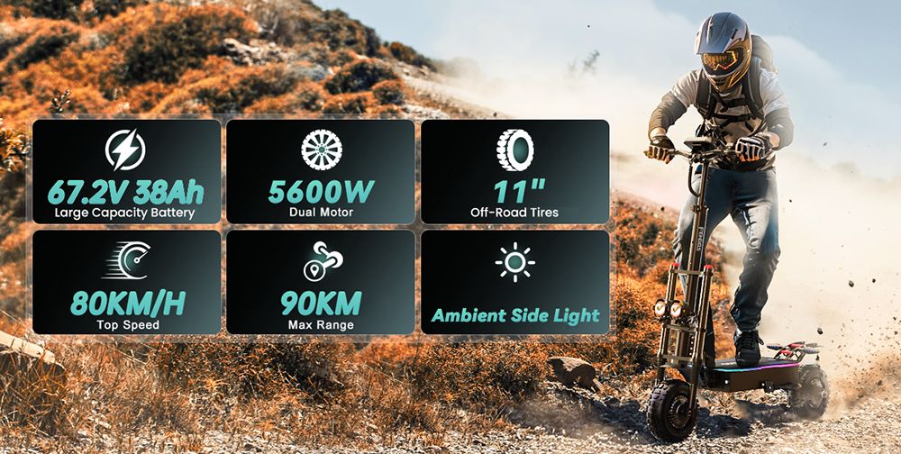 Elektrický skúter FENGQS GT8 PRO, 2800W*2 motor, 67.2V 38Ah batéria, 11-palcové pneumatiky, max. rýchlosť 80 km/h, dojazd 90 km, hydraulické kotúčové brzdy, dvojitý systém odpruženia, LCD displej