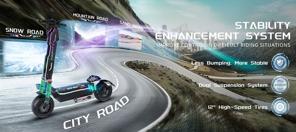 FENGQS GT9 Electric Scooter, 3500W*2 motor, 60V 38Ah batéria, 12 palcové pneumatiky, max. rýchlosť 80 km/h, dojazd 96 km, kotúčové brzdy, dvojitý systém odpruženia, inteligentný displej