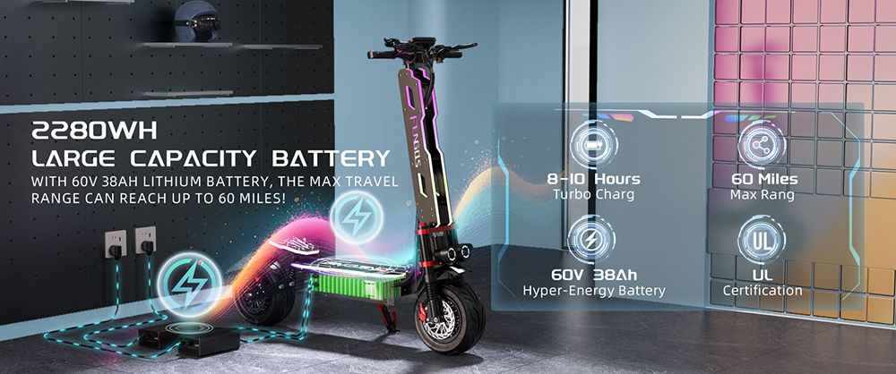 FENGQS GT9 Electric Scooter, 3500W*2 motor, 60V 38Ah batéria, 12 palcové pneumatiky, max. rýchlosť 80 km/h, dojazd 96 km, kotúčové brzdy, dvojitý systém odpruženia, inteligentný displej
