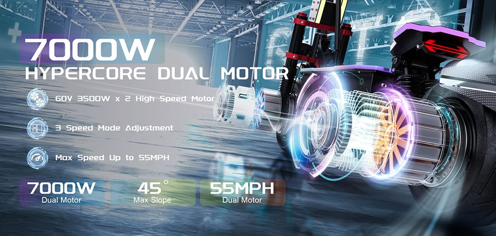 FENGQS GT9 Electric Scooter, 3500W*2 motor, 60V 38Ah batéria, 12 palcové pneumatiky, max. rýchlosť 80 km/h, dojazd 96 km, kotúčové brzdy, dvojitý systém odpruženia, inteligentný displej