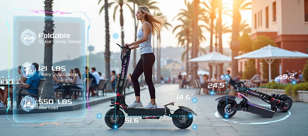 FENGQS GT9 Electric Scooter, 3500W*2 motor, 60V 38Ah batéria, 12 palcové pneumatiky, max. rýchlosť 80 km/h, dojazd 96 km, kotúčové brzdy, dvojitý systém odpruženia, inteligentný displej