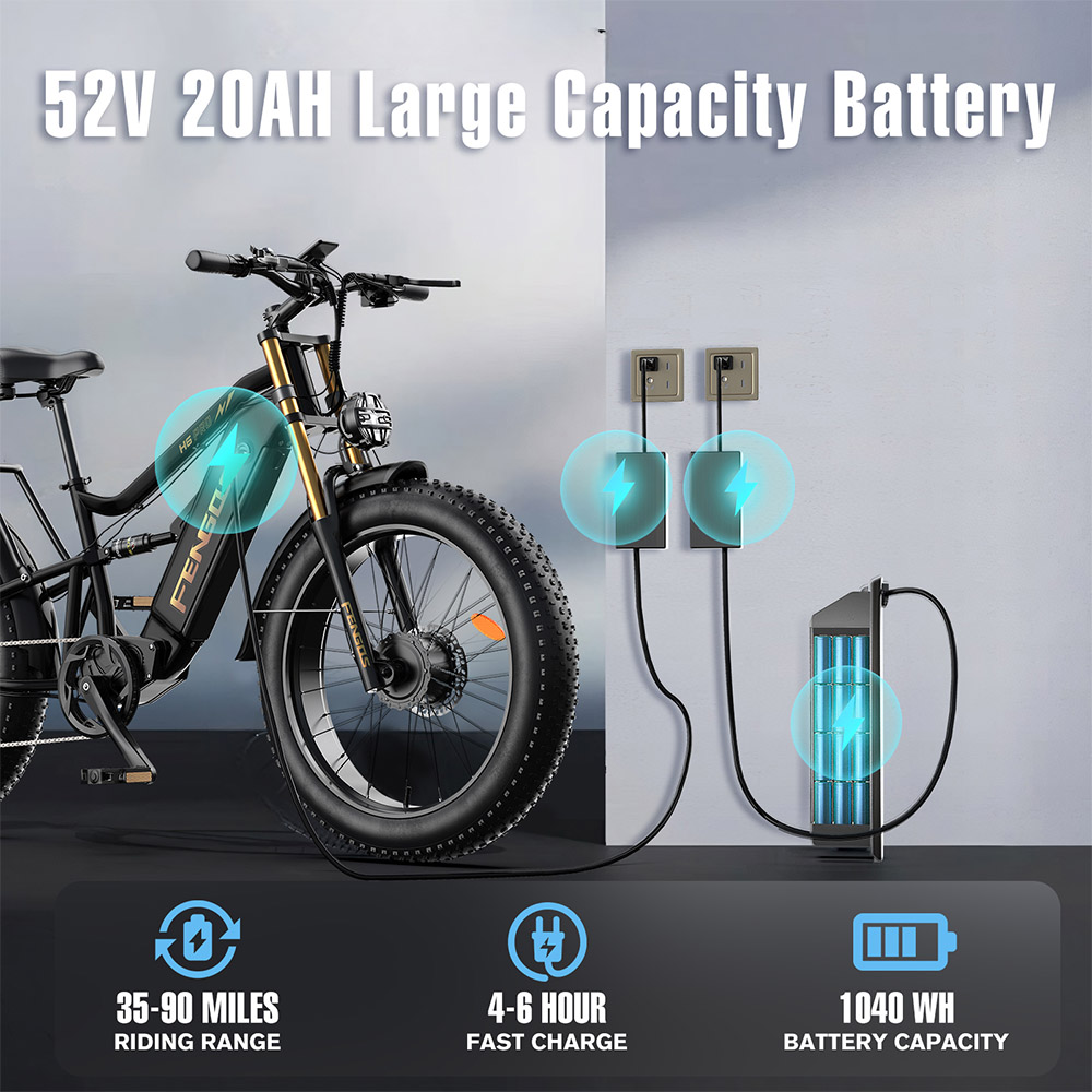 Elektrobicykel FENGQS H6PRO, 1000W*2 motor, 52V 20Ah batéria, 26*4.0 palcové pneumatiky, max. rýchlosť 60 km/h, dojazd 140 km, 7 rýchlostí, LCD displej - čierny zlatý