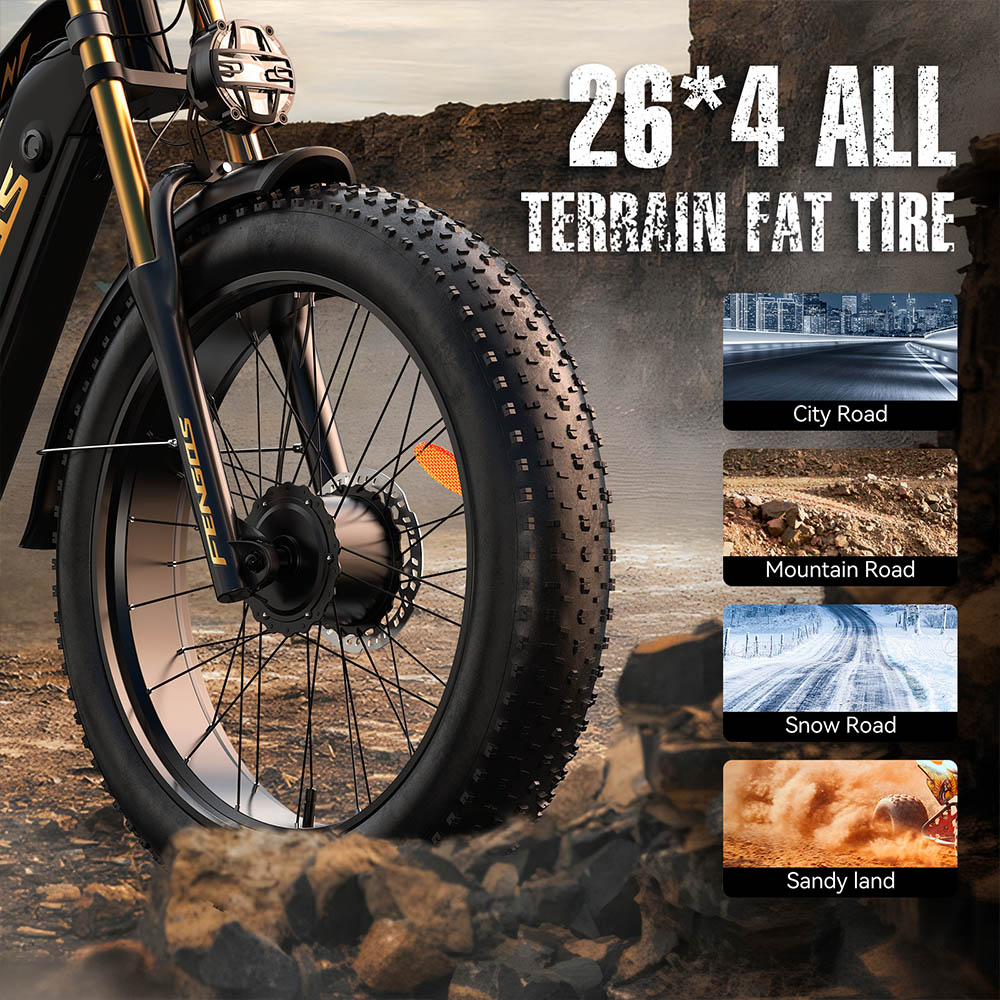 FENGQS H6PRO Elektrofahrrad, 1000 W * 2 Motor, 52 V 20 Ah Batterie, 26 * 4,0 Zoll Reifen, 60 km/h H&ouml;chstgeschwindigkeit, 140 km Reichweite, 7-Gang, LCD-Display - Grau