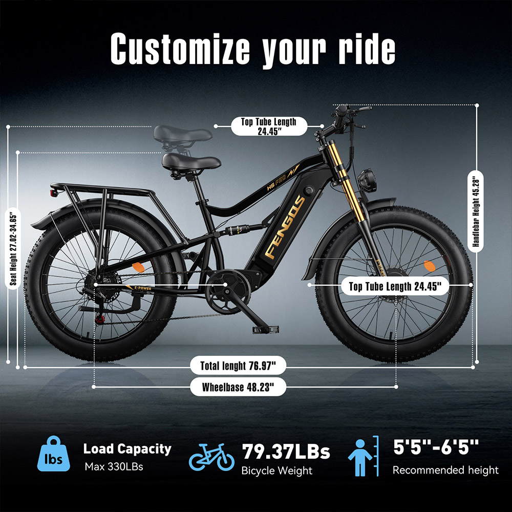 Elektrický bicykel FENGQS H6PRO, 1000W*2 motor, 52V 20Ah batéria, 26*4.0 palcové pneumatiky, max. rýchlosť 60 km/h, dojazd 140 km, 7 rýchlostí, LCD displej - sivý