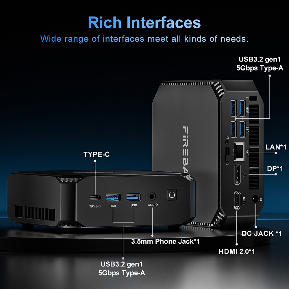 FIREBAT A6 Mini PC, AMD Ryzen 7 6800H 8 jadier max. 4,7GHz, 16GB RAM 512GB SSD, Type-C + DP + HDMI 4K Triple Screen Display, WiFi 6 Bluetooth 5.2, 6*USB3.2, 1*2.5G LAN, 1*Audio