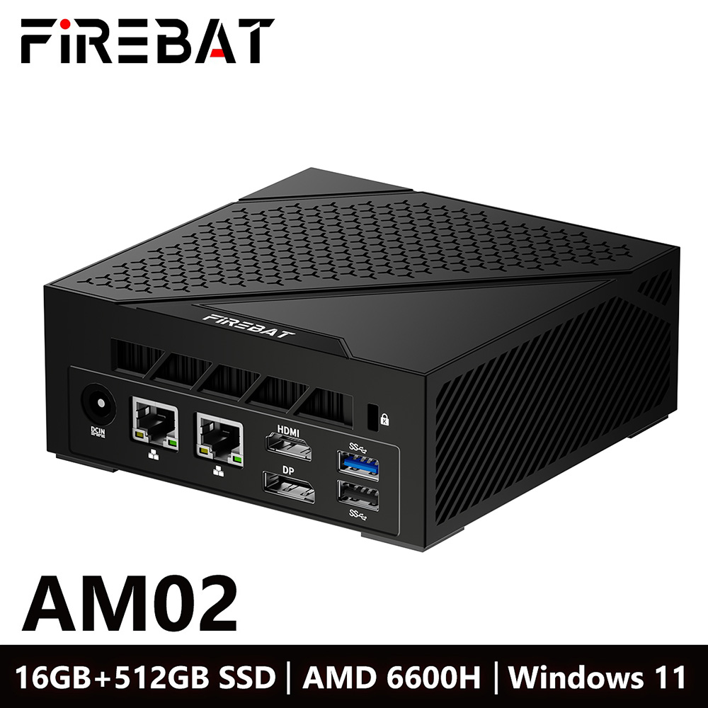 FIREBAT AM02 Mini PC, AMD Ryzen 5 6600H 6 jadier Max. 4.5GHz, 16GB RAM 512GB SSD, trojitý displej Type-C + DP + HDMI 4K, WiFi 6 Bluetooth 5.2, 3*USB3.2, 1*USB2.0, 2*LAN, 1*Audio