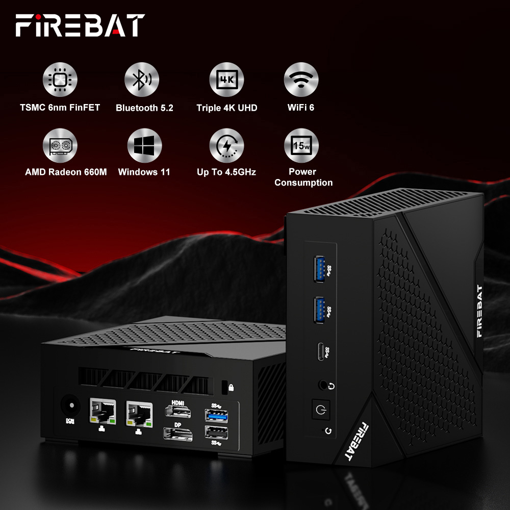 FIREBAT AM02 Mini PC, AMD Ryzen 5 6600H 6 jadier max. 4,5 GHz, 16 GB RAM 512 GB SSD, trojitý displej Type-C + DP + HDMI 4K, WiFi 6 Bluetooth 5.2, 3*USB3.2, 1*USB2.0, 2*LAN, 1*Audio