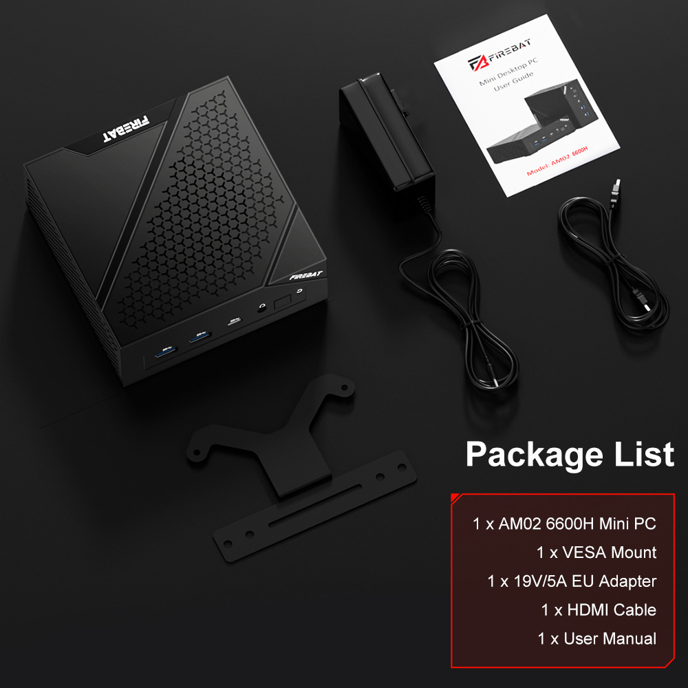FIREBAT AM02 Mini PC, AMD Ryzen 5 6600H 6 jadier max. 4,5 GHz, 16 GB RAM 512 GB SSD, trojitý displej Type-C + DP + HDMI 4K, WiFi 6 Bluetooth 5.2, 3*USB3.2, 1*USB2.0, 2*LAN, 1*Audio