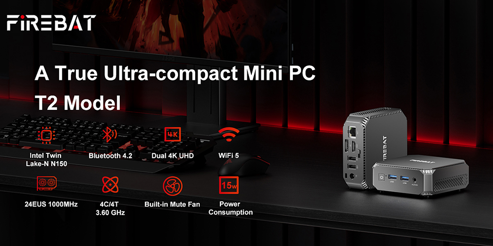 FIREBAT T2 Mini PC, Intel N150 4 jadrá Max 3.6GHz, 16GB RAM 512GB SSD, DP + HDMI 4K Dual Screen Display, WiFi 5 Bluetooth 4.2, 2*USB3.2, 2*USB2.0, 1*LAN, 1*Audio