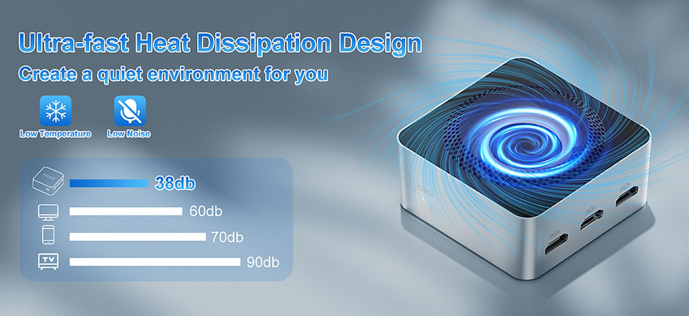 FIREBAT T8 PLUS Mini PC, Intel N100 4 jadrá max. 3,4 GHz, 16 GB LPDDR5 RAM 512 GB SSD, 3*HDMI 4K trojobrazovkový displej, WiFi 5 Bluetooth 4.2, 3*USB3.0, 2*LAN, 1*Audio