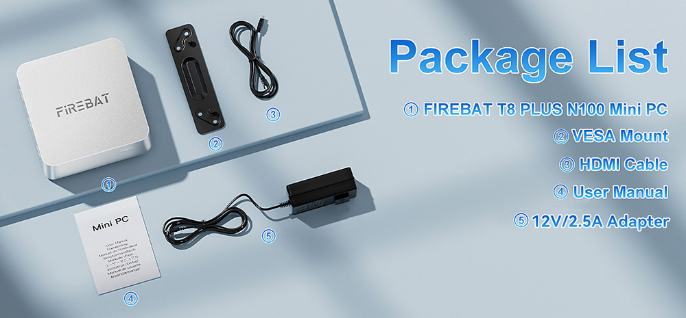 FIREBAT T8 PLUS Mini PC, Intel N100 4 jadrá max. 3,4 GHz, 16 GB LPDDR5 RAM 512 GB SSD, 3*HDMI 4K trojobrazovkový displej, WiFi 5 Bluetooth 4.2, 3*USB3.0, 2*LAN, 1*Audio