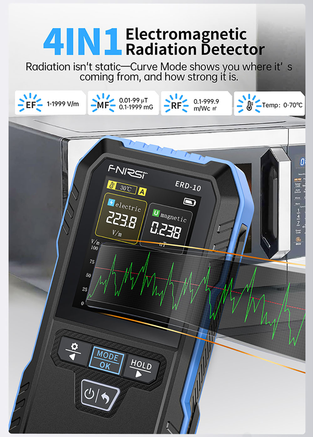FNIRSI ERD-10 EMF Meter, 4-in-1 Electromagnetic Field Detector with Curve Mode, RF & Radiation Tester for Home, Office, Ghost Hunting