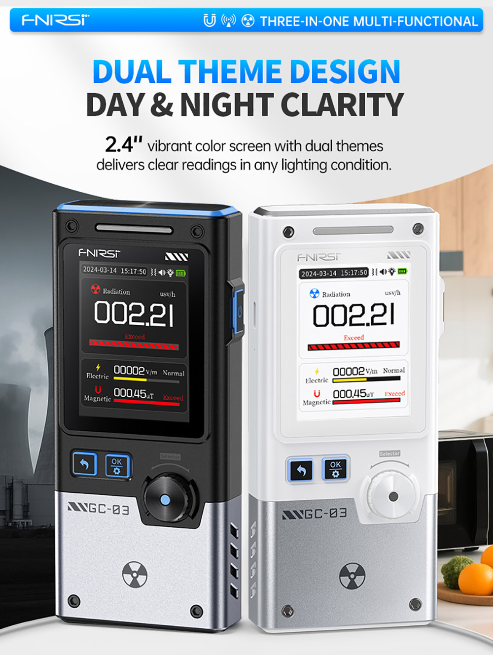 FNIRSI GC-03 Multifunctional Radiation Detector, 3-in-1 E-field/Magnetic/Nuclear Detection with High-Precision GM Tube, Black