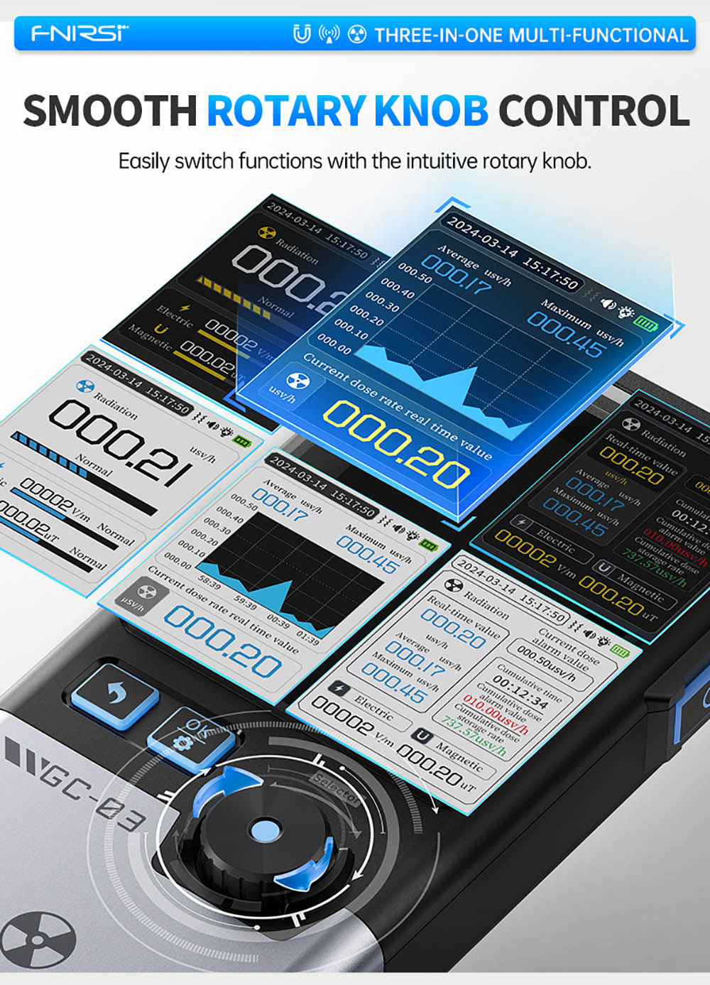 FNIRSI GC-03 Multifunctional Radiation Detector, 3-in-1 E-field/Magnetic/Nuclear Detection with High-Precision GM Tube, Black