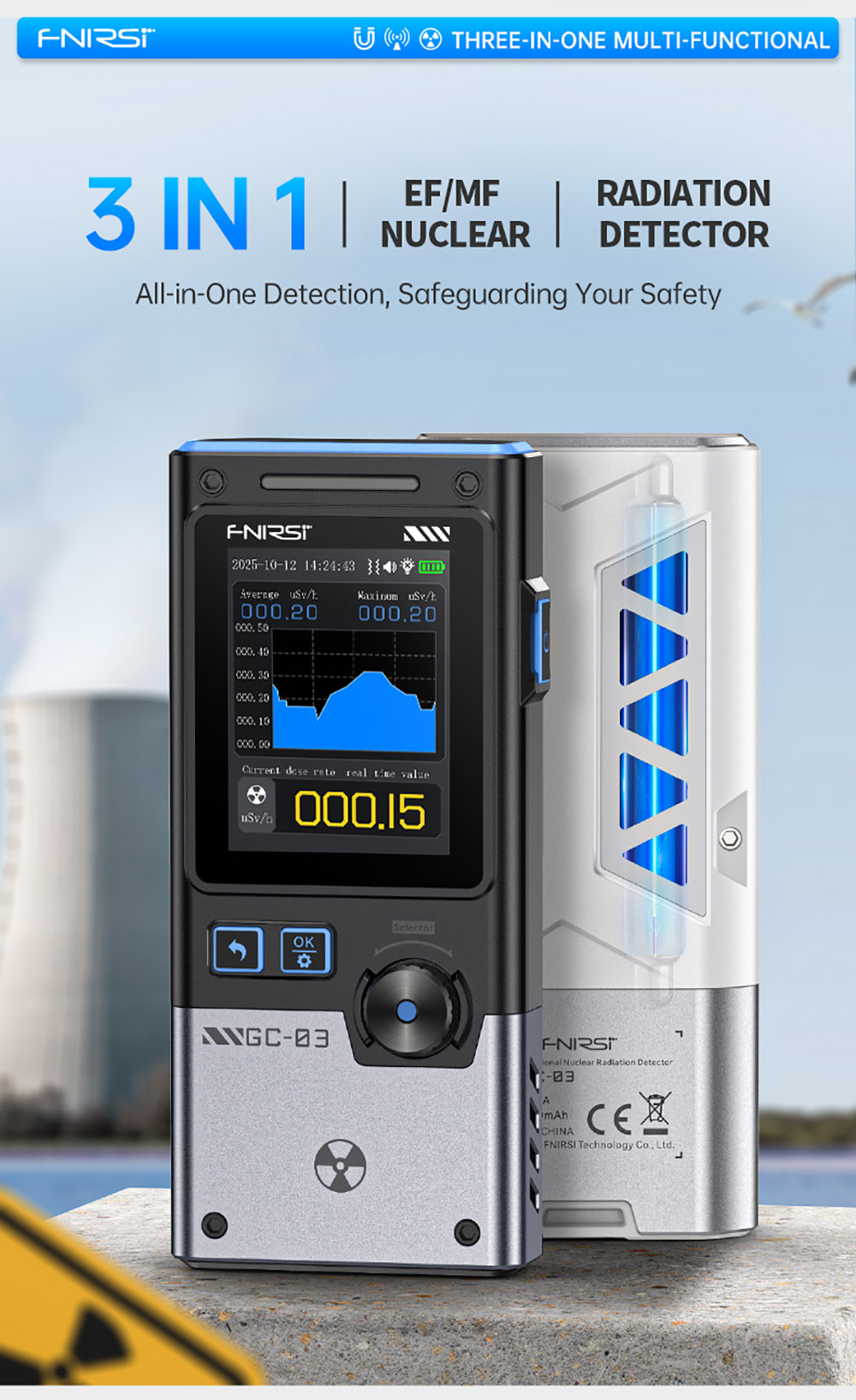 FNIRSI GC-03 Multifunctional Radiation Detector, 3-in-1 E-field/Magnetic/Nuclear Detection with High-Precision GM Tube, White