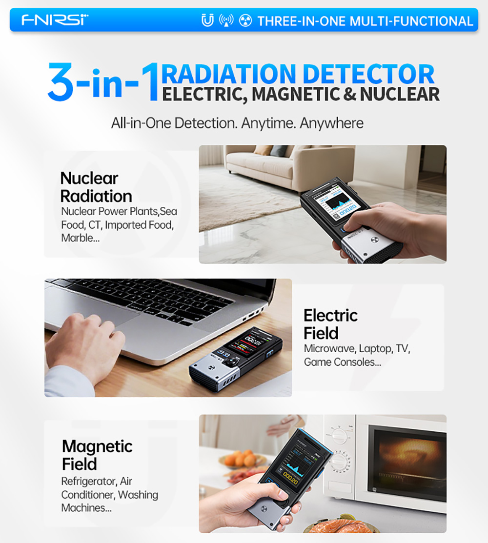FNIRSI GC-03 Multifunctional Radiation Detector, 3-in-1 E-field/Magnetic/Nuclear Detection with High-Precision GM Tube, White