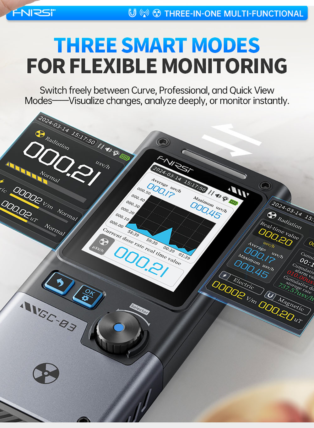 FNIRSI GC-03 Multifunctional Radiation Detector, 3-in-1 E-field/Magnetic/Nuclear Detection with High-Precision GM Tube, White