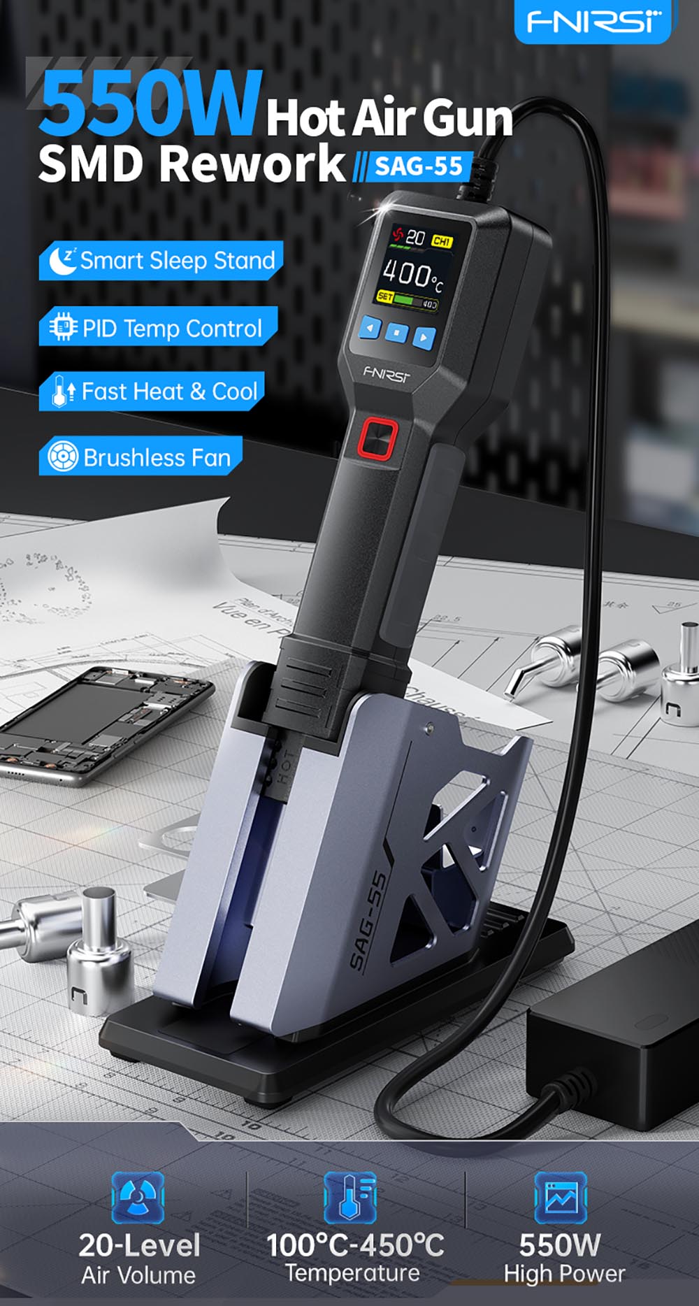 FNIRSI SAG-55 550W Hot Air Gun, with Stand, Brushless Fan, 100-450&deg;C Temp Fast Heat-up, 20-level Air, Auto Shutdown, LCD, Pro Version - EU Plug