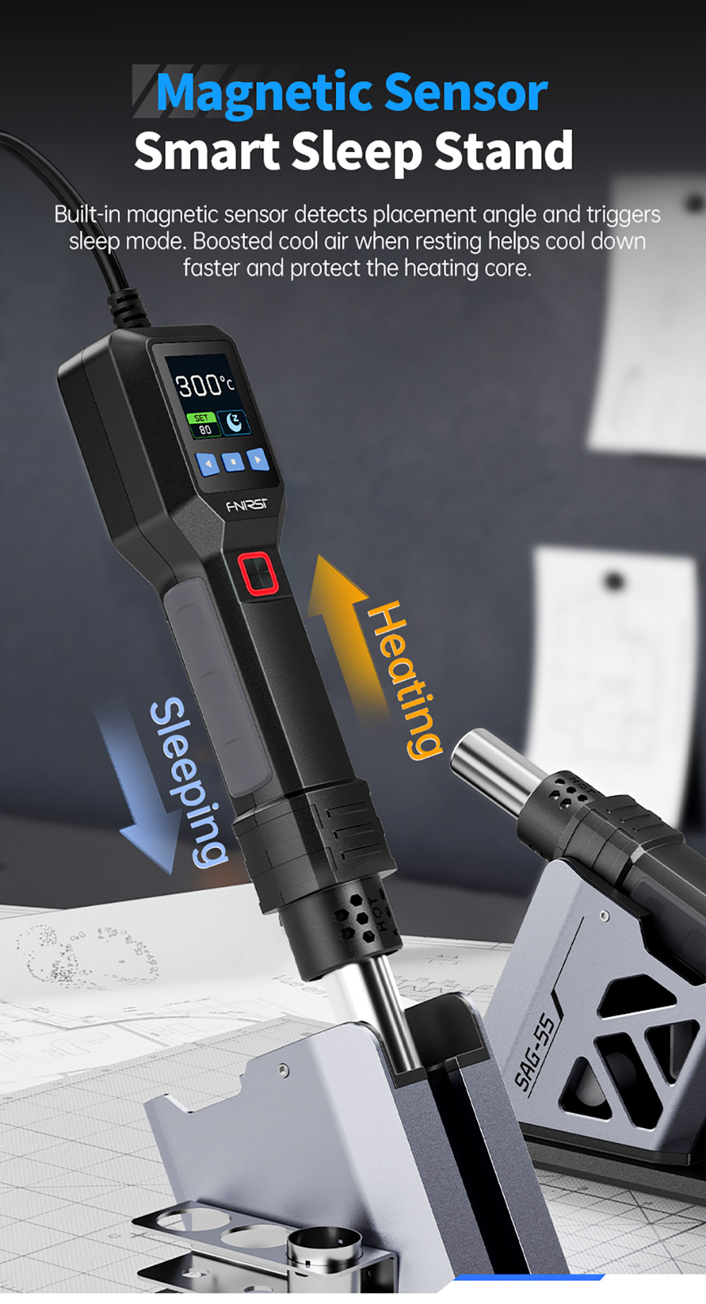 FNIRSI SAG-55 550W Hot Air Gun, with Stand, Brushless Fan, 100-450&deg;C Temp Fast Heat-up, 20-level Air, Auto Shutdown, LCD, Pro Version - US Plug