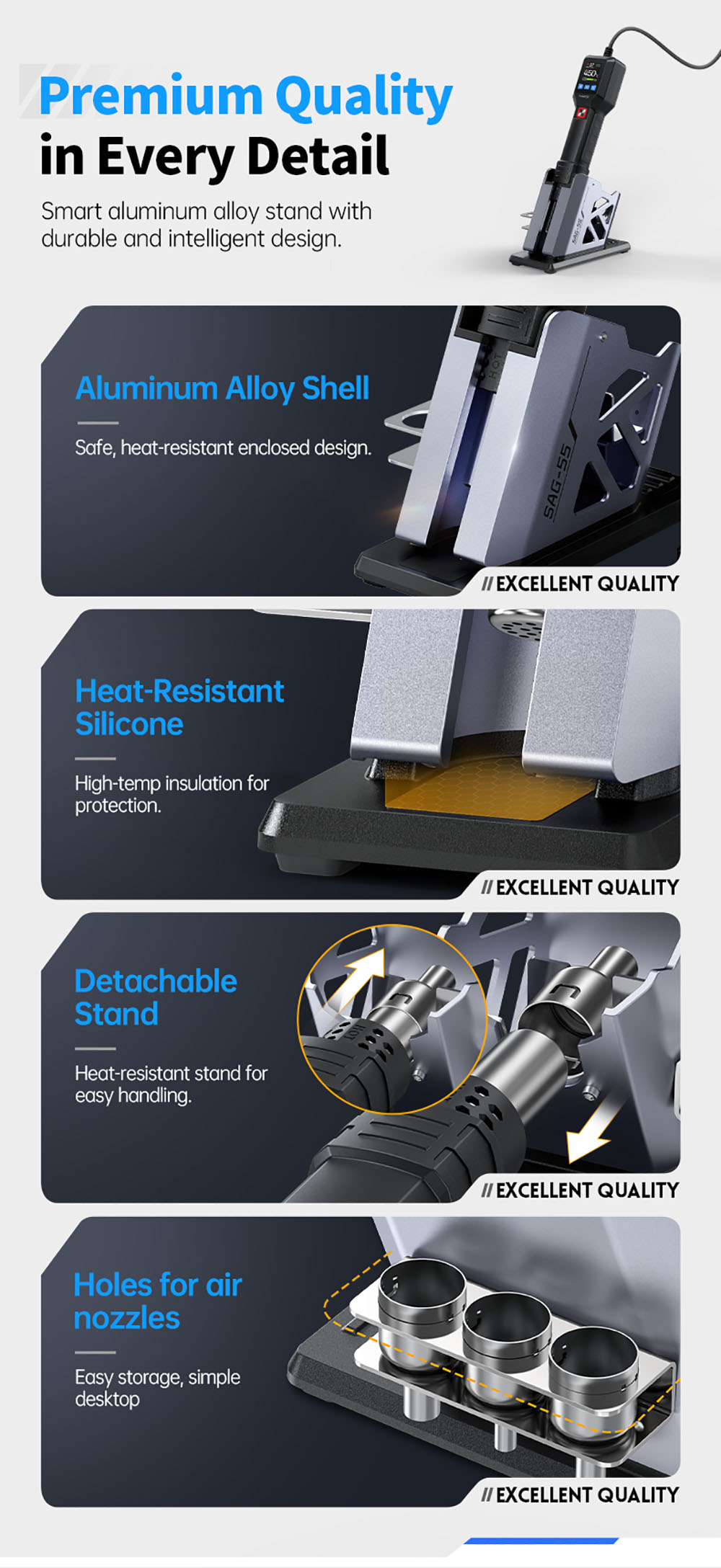 FNIRSI SAG-55 550W Hot Air Gun, with Stand, Brushless Fan, 100-450&deg;C Temp Fast Heat-up, 20-level Air, Auto Shutdown, LCD, Pro Version - US Plug
