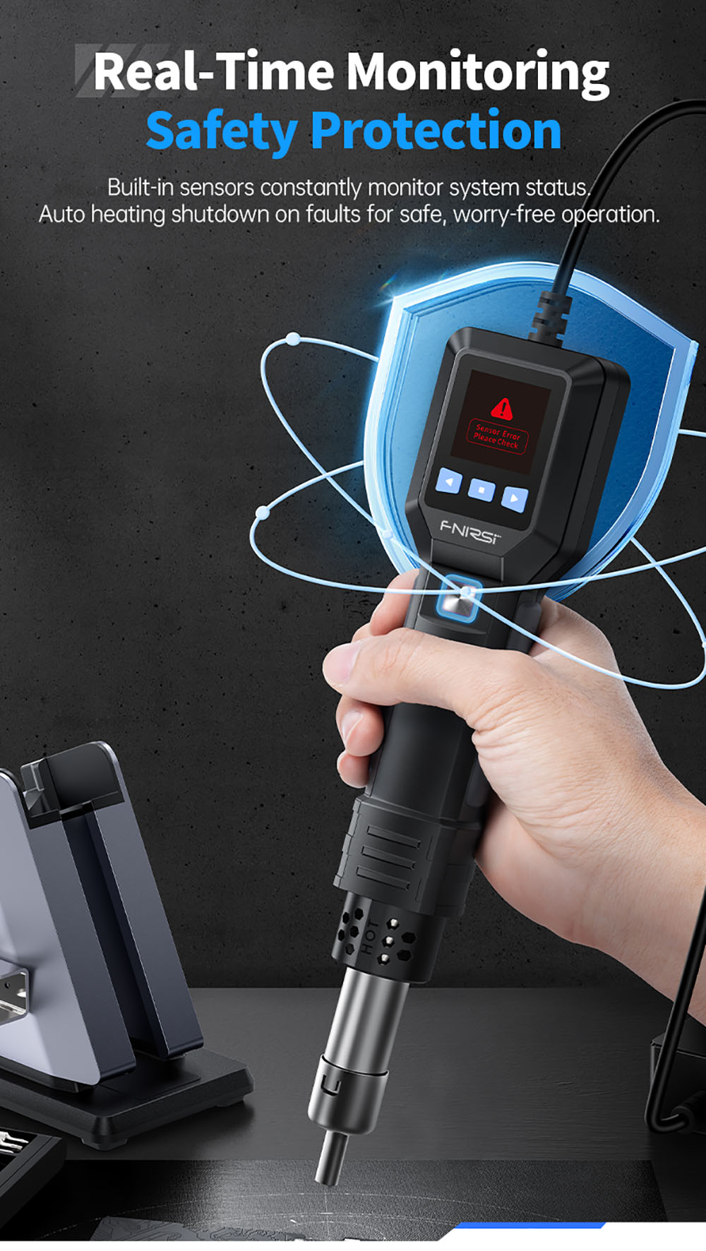 FNIRSI SAG-55 550W Hot Air Gun, with Stand, Brushless Fan, 100-450&deg;C Temp Fast Heat-up, 20-level Air, Auto Shutdown, LCD, Standard Version - EU Plug