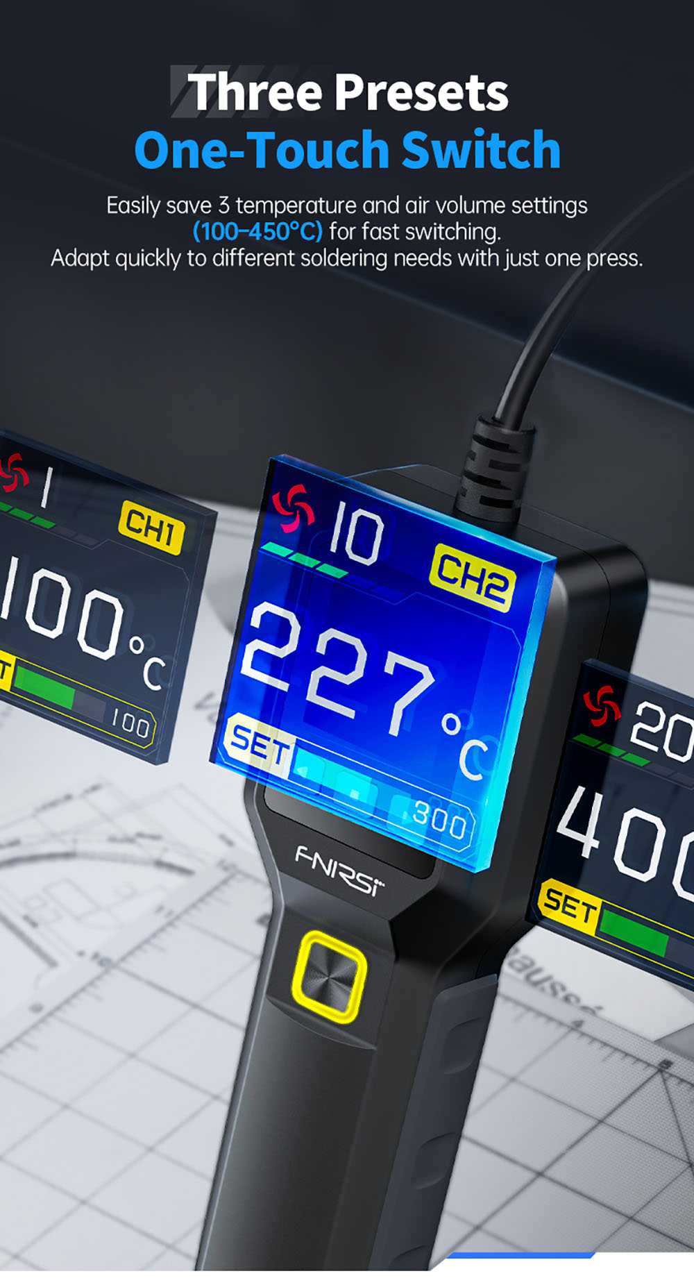 FNIRSI SAG-55 550W Hot Air Gun, with Stand, Brushless Fan, 100-450°C Temp Fast Heat-up, 20-level Air, Auto Shutdown, LCD, Standard Version - US Plug