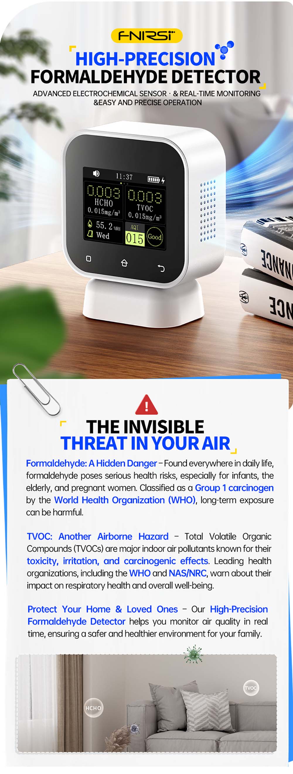 FNIRSI SFD02 4-in-1 Air Quality Monitor, Formaldehyde Detector, HCHO TVOC Temp Tester