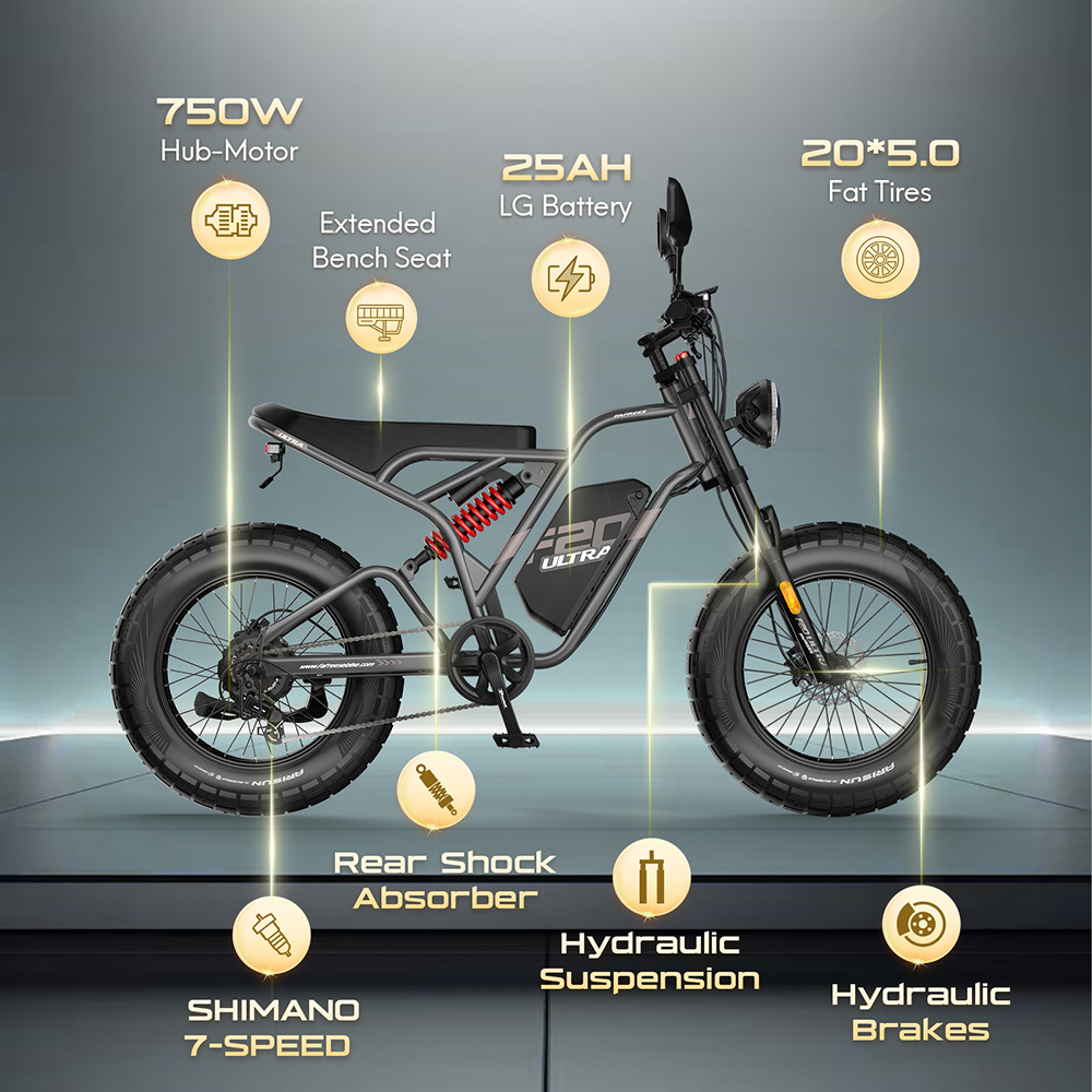 Fafrees F20 Ultra Electric Bike, 750W motor, 48V 25Ah batéria, 20*5.0 palcové tukové pneumatiky, maximálny dojazd 140 km, hydraulické kotúčové brzdy, hydraulické odpruženie, 7-rýchlostný prevod Shimano - čierny