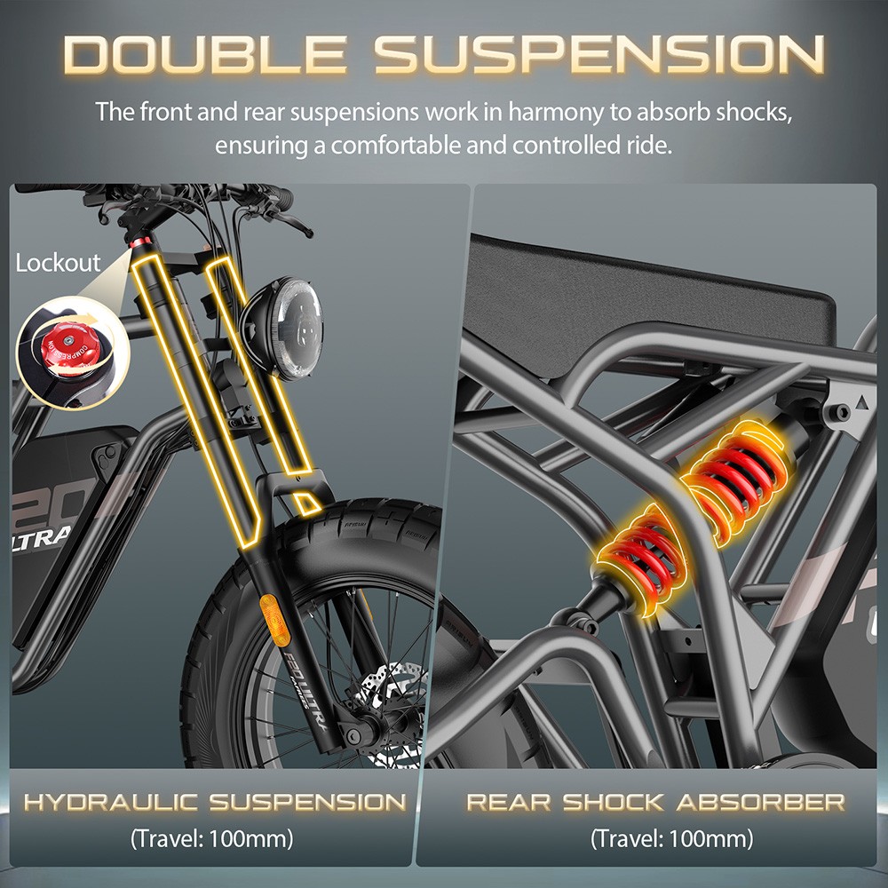 Fafrees F20 Ultra Electric Bike, 750W motor, 48V 25Ah batéria, 20*5.0 palcové tukové pneumatiky, maximálny dojazd 140 km, hydraulické kotúčové brzdy, hydraulické odpruženie, 7-rýchlostná prevodovka Shimano - čierna