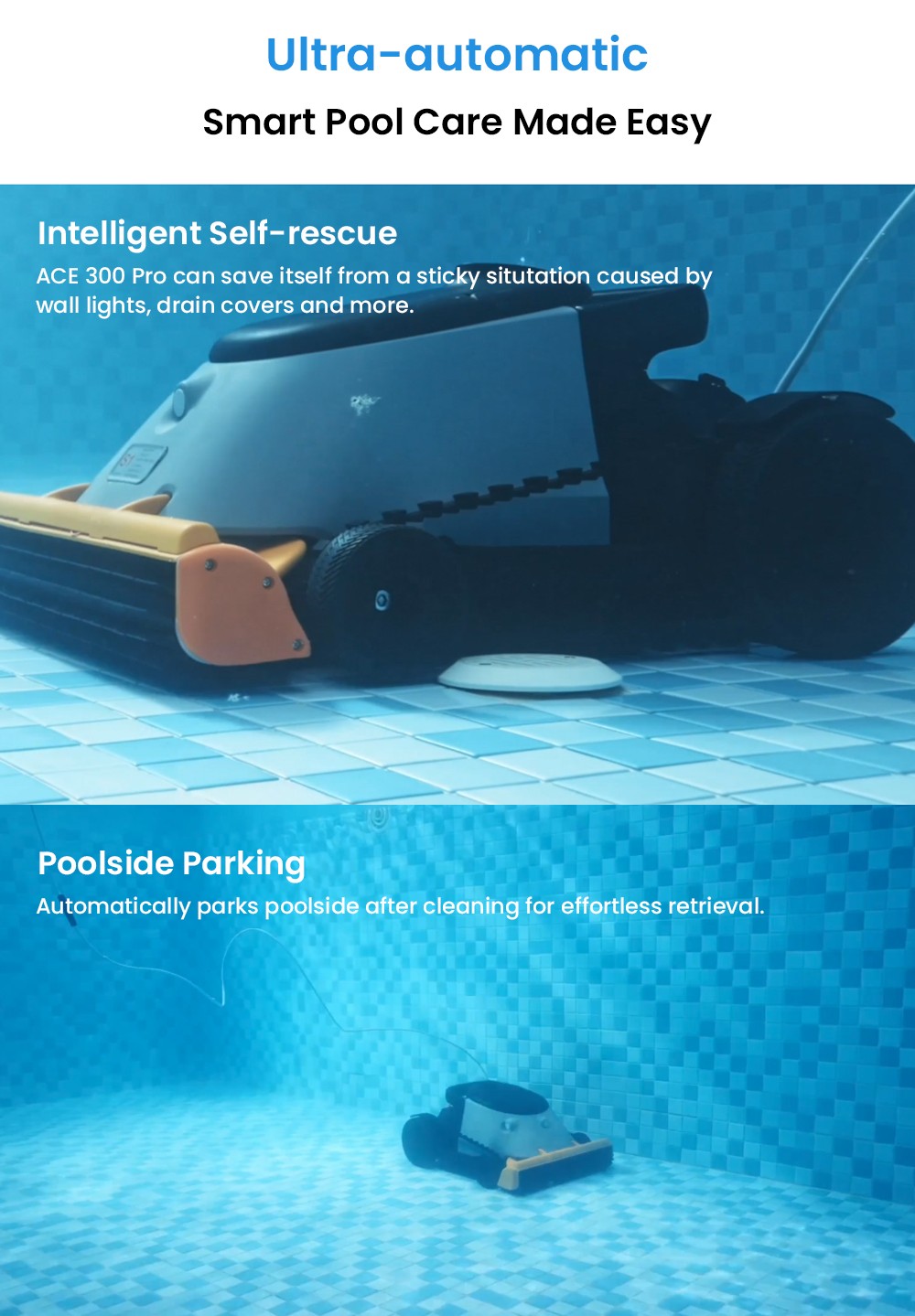 Genkinno ACE 300 Pro Cordless Robotic Pool Cleaner, 30min rýchle čistenie, ultraautomatický, inteligentná aplikácia, samočinné parkovanie, čistenie stien a podlahy, pre vnútrozemské/nadpozemské bazény