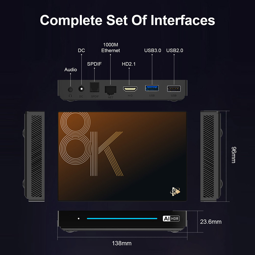 Refurbished H96 Max M9S Android 14 TV Box, 4GB RAM 32GB ROM, RK3576 8 Cores, 8K AV1 Decoding, WiFi 6, Bluetooth 5.4, 1*USB3.0 1*USB2.0 1*HDMI2.1 1*1000M Ethernet 1*SPDIF 1*Audio