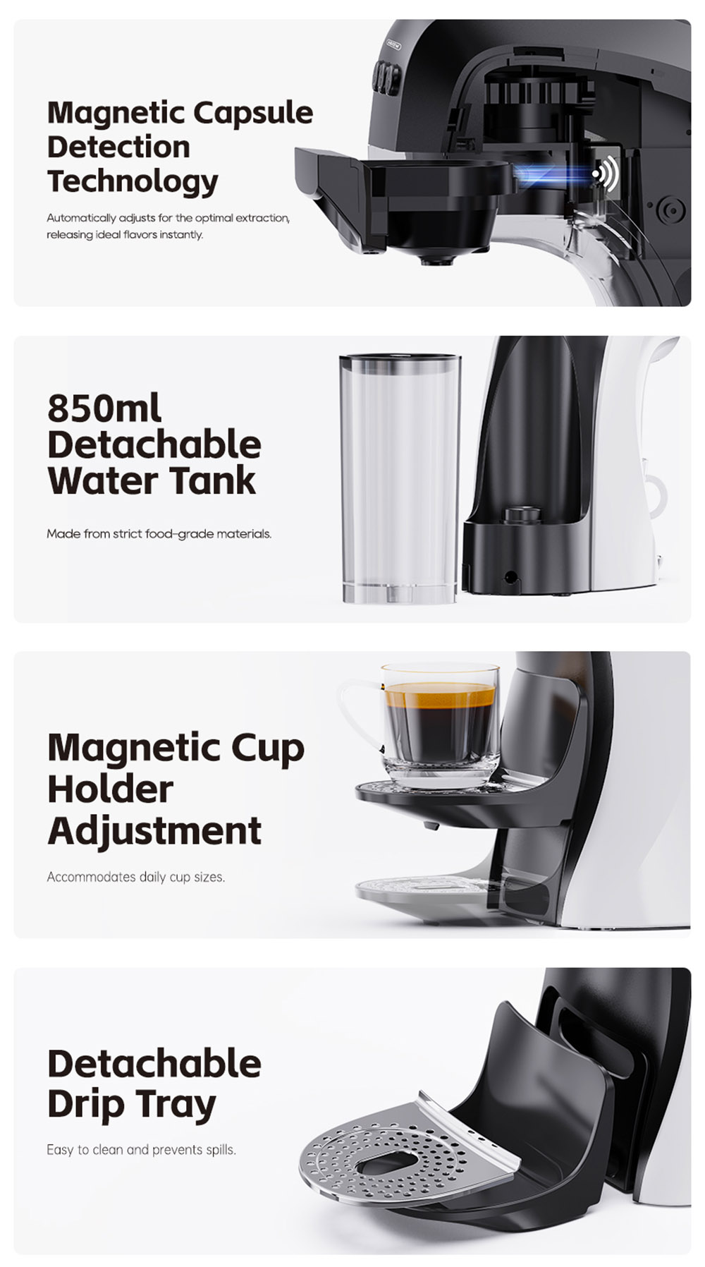 HIBREW H3B 3-v-1 kávovar na kapsule, tlak 20 barov, nádržka na vodu 850 ml, 7 nastavení teploty, magnetické nastavenie držiaka šálky