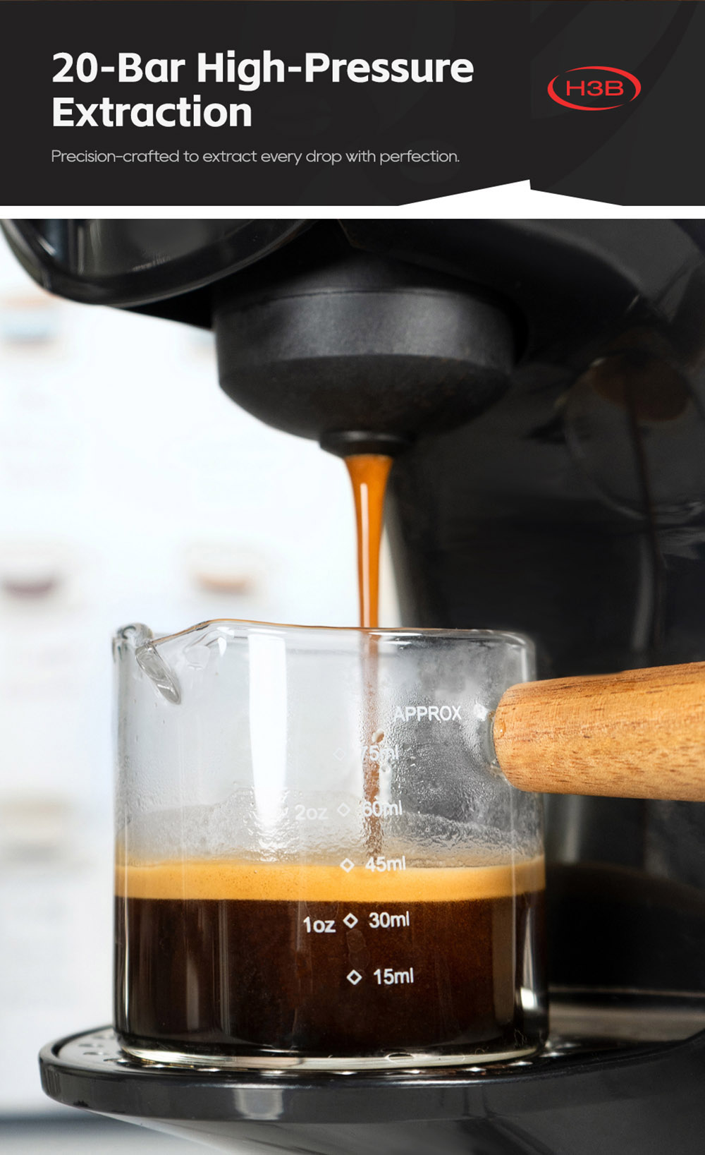 HIBREW H3B 3-v-1 kávovar na kapsule, tlak 20 barov, nádržka na vodu 850 ml, 7 nastavení teploty, magnetické nastavenie držiaka šálky