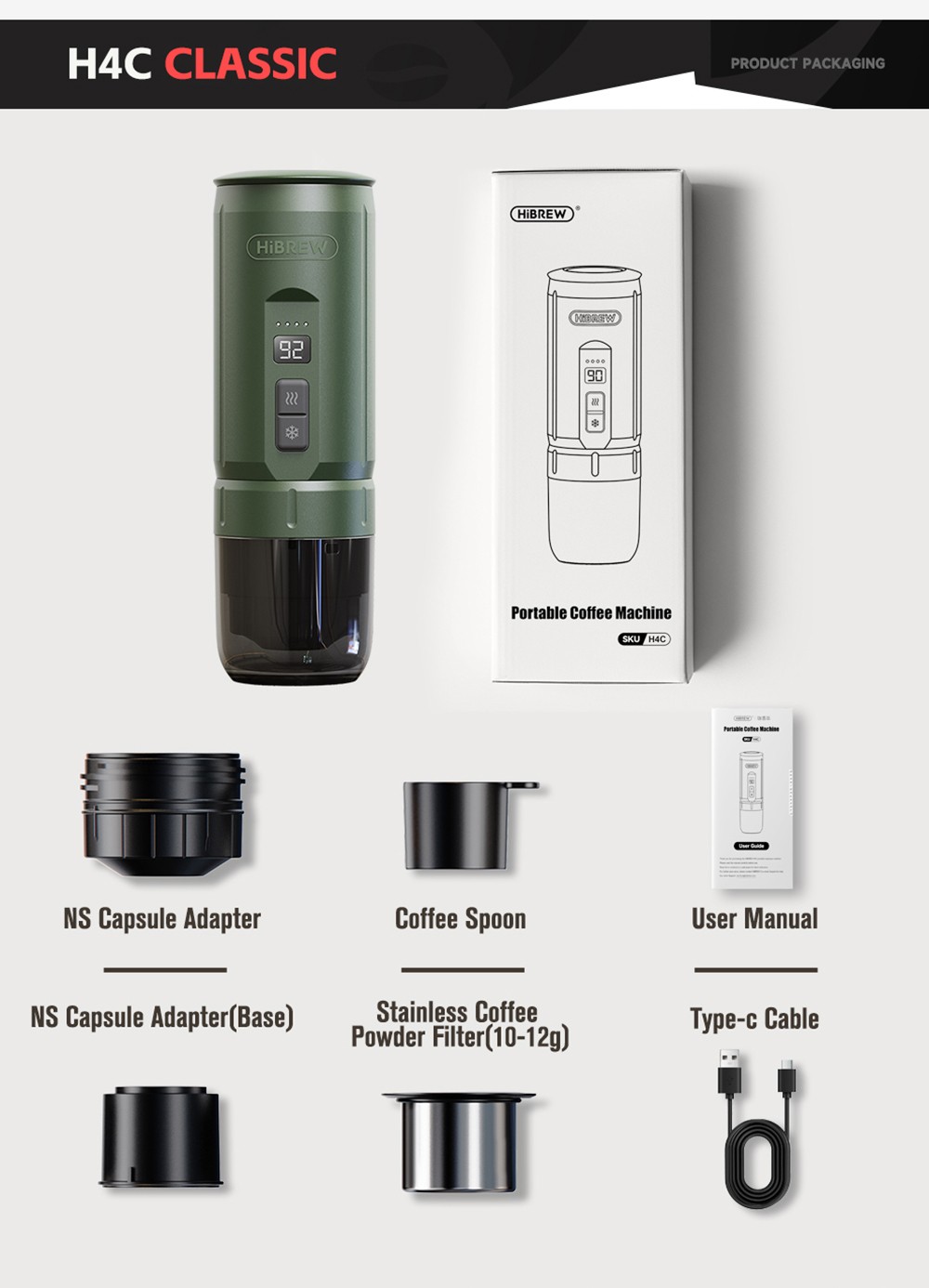HIBREW H4C Prenosný espresso kávovar, ručný manuálny kávovar na kempovanie, cestovanie a domáce použitie, zelený - Explorer