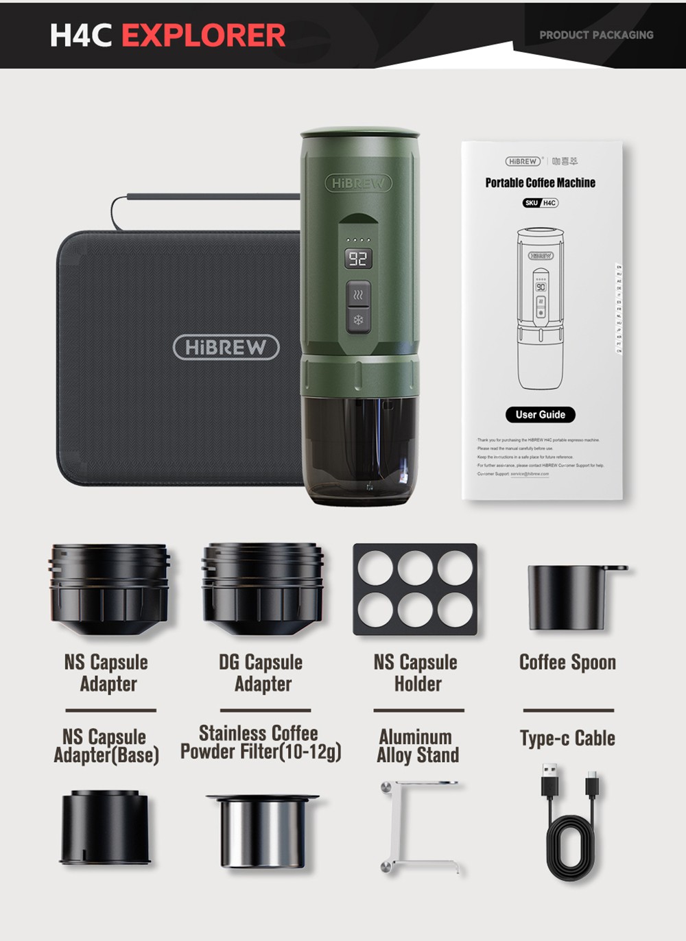 HIBREW H4C Prenosný espresso kávovar, ručný manuálny kávovar na kempovanie, cestovanie a domáce použitie, zelený - Explorer