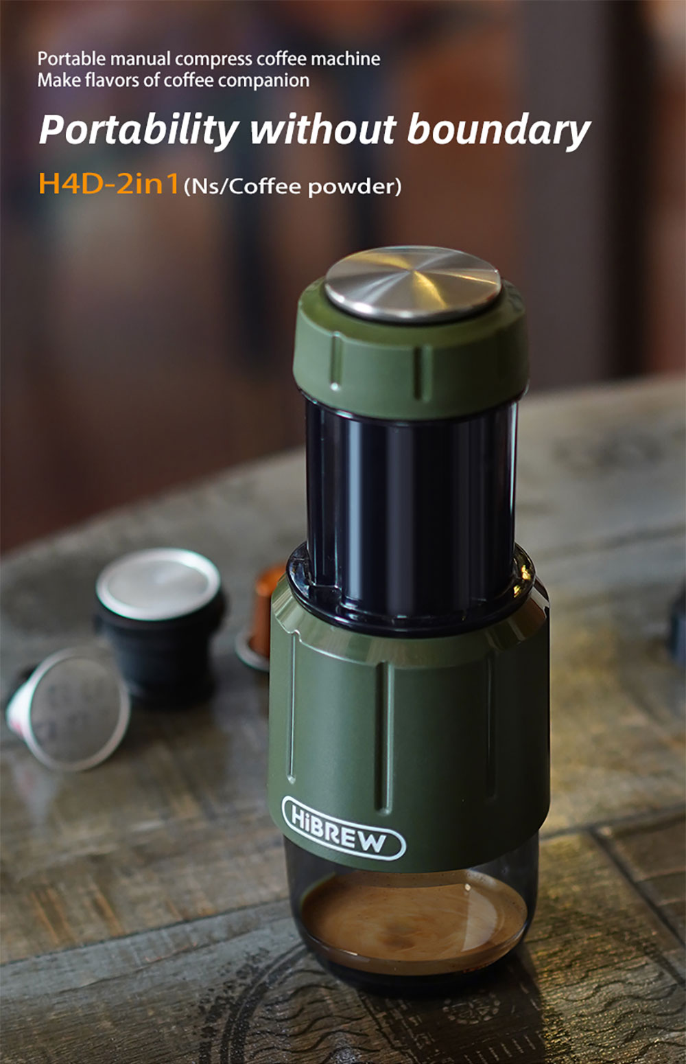 HiBREW H4D 2 v 1 prenosný kávovar na espresso, manuálny ručný lis na kávové kapsule &; mletú kávu, kávovar na horúcu/studenú kávu na cesty &; domáce použitie