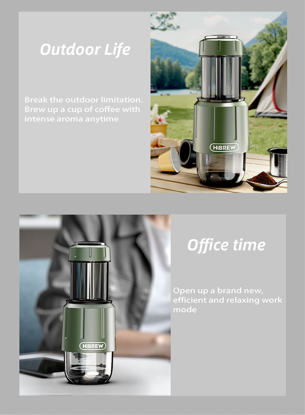 HiBREW H4D 2-v-1 prenosný kávovar na espresso, ručný lis na kávové kapsule a mletú kávu, kávovar na horúcu/studenú kávu na cesty a domáce použitie