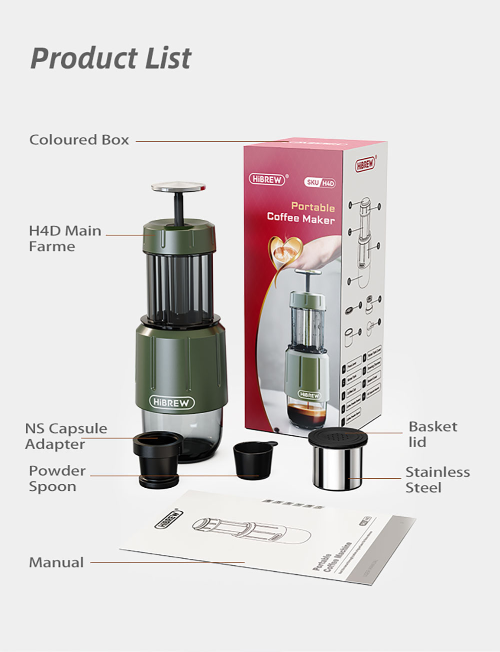 HiBREW H4D 2-v-1 prenosný kávovar na espresso, ručný lis na kávové kapsule a mletú kávu, kávovar na horúcu/studenú kávu na cesty a domáce použitie