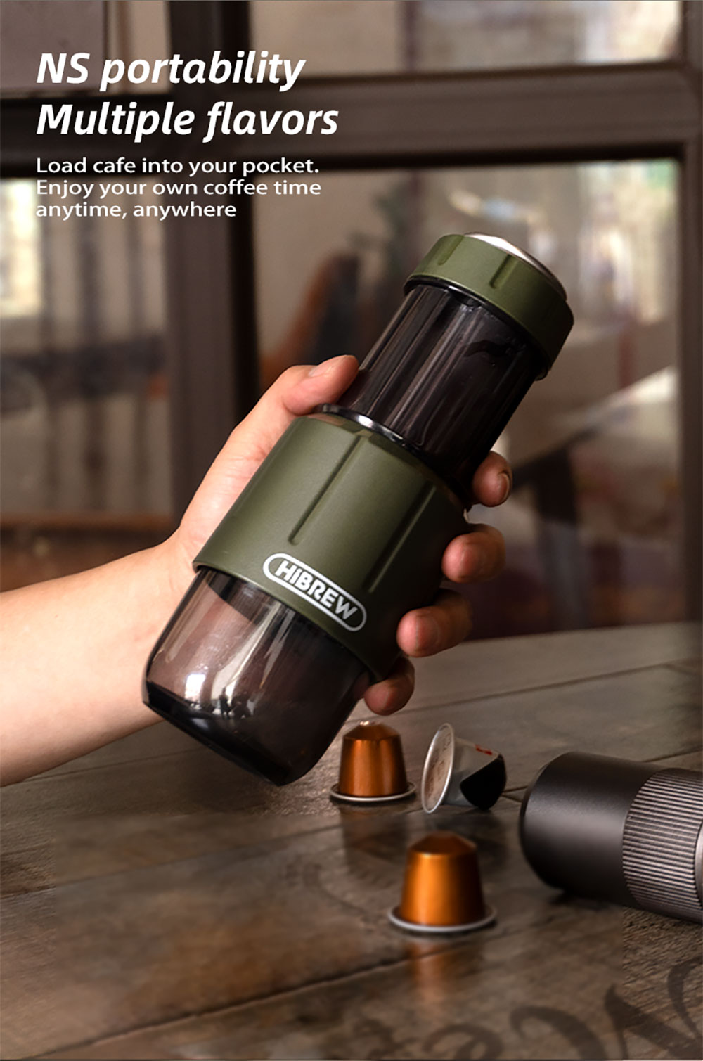 HiBREW H4D 2-v-1 prenosný kávovar na espresso, manuálny ručný lis na kávové kapsule a mletú kávu, kávovar na horúcu/studenú kávu na cesty a domáce použitie