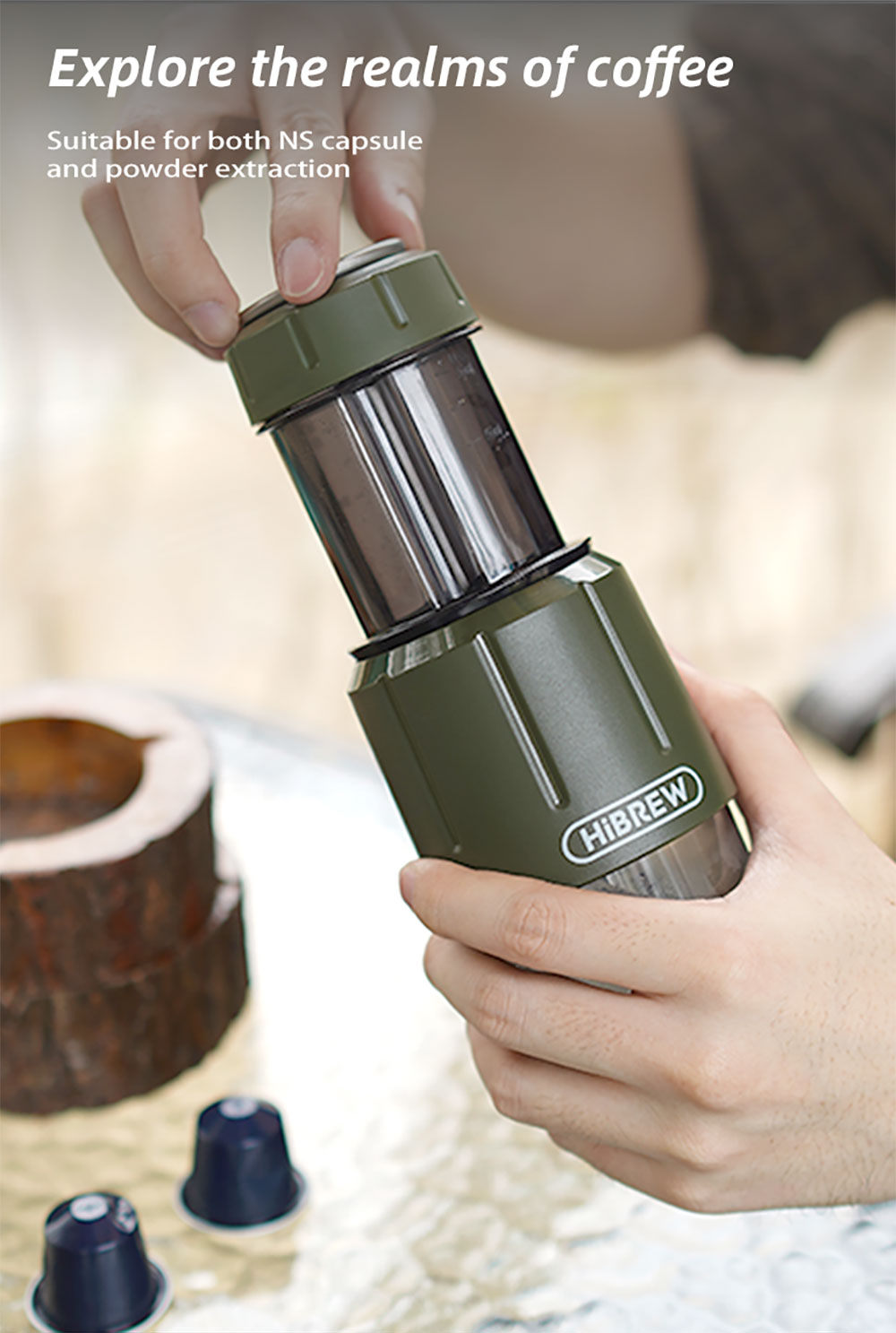 HiBREW H4D 2-v-1 prenosný kávovar na espresso, ručný lis na kávové kapsule a mletú kávu, kávovar na horúcu/studenú kávu na cesty a domáce použitie