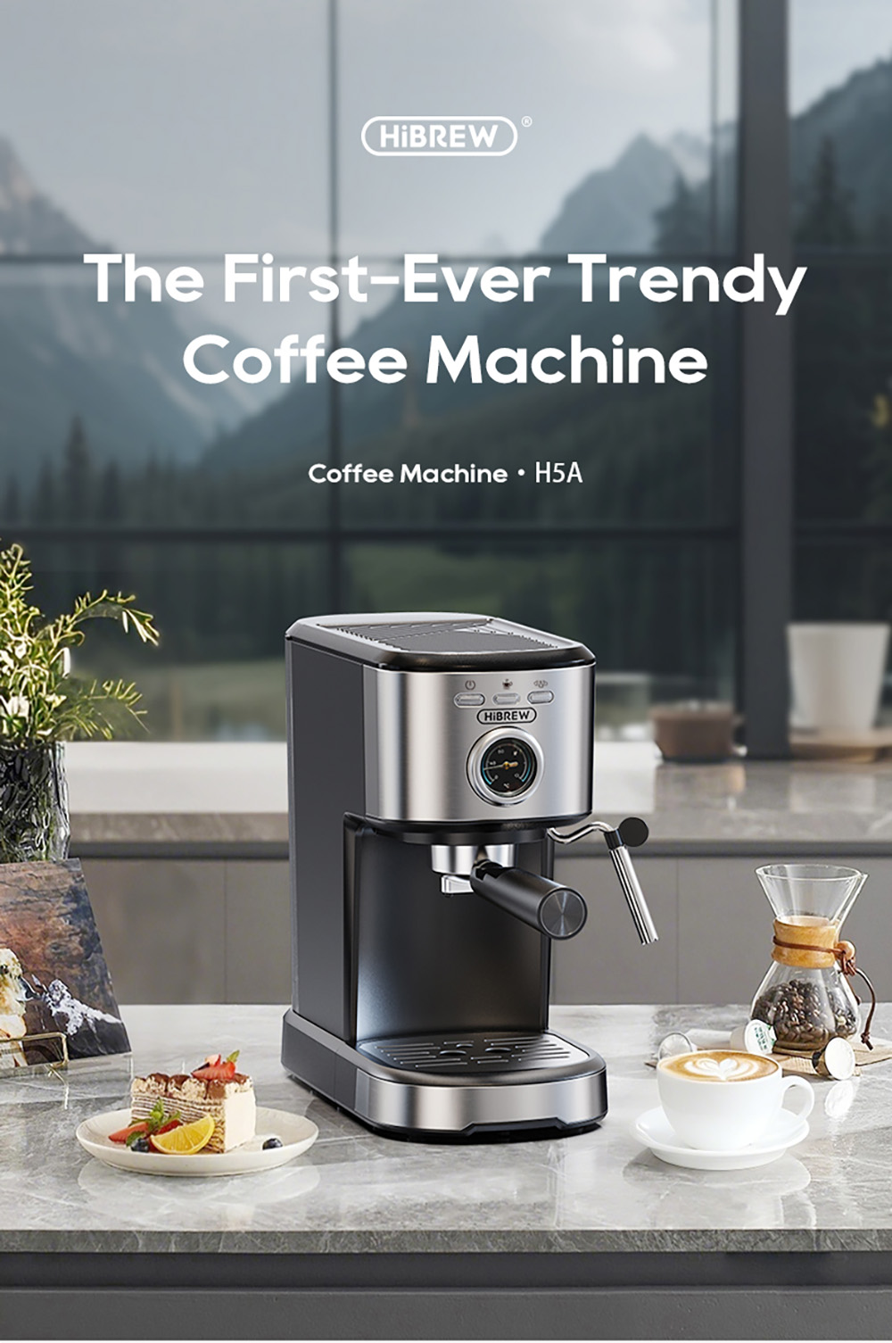 Poloautomatický kávovar HIBREW H5A, 1.2L nádržka na vodu, 15Bar &; Smart Brew
