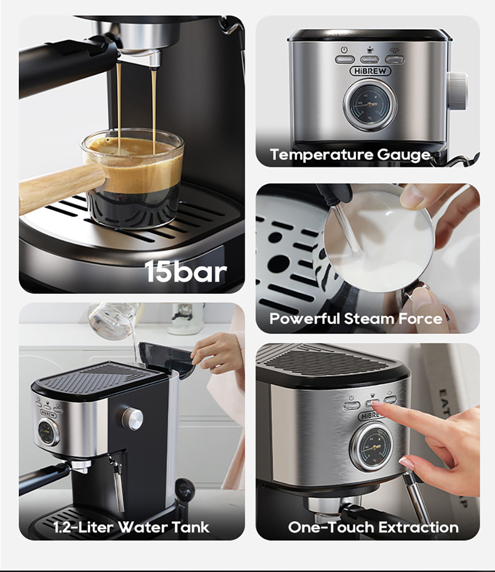 HIBREW H5A Poloautomatický kávovar, 1.Zásobník na vodu s objemom 2 l, 15 barov &; Smart Brew