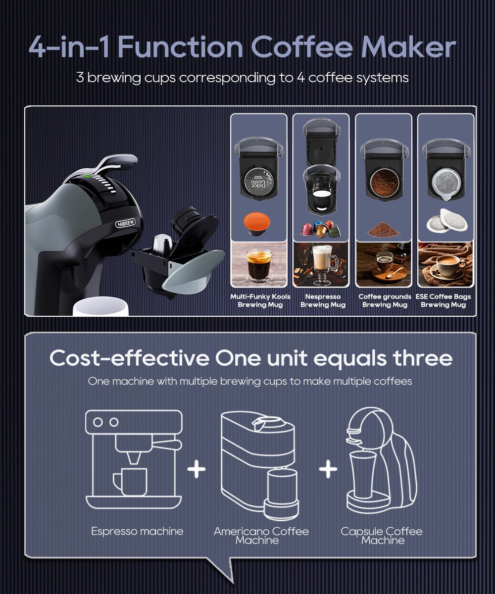 HiBREW H17 4-in-1-Kapselkaffeemaschine, Kalt- und Hei&szlig;br&uuml;hen, 20-Bar-Extraktion, 7 Wasserstufen, Touch-Steuerung