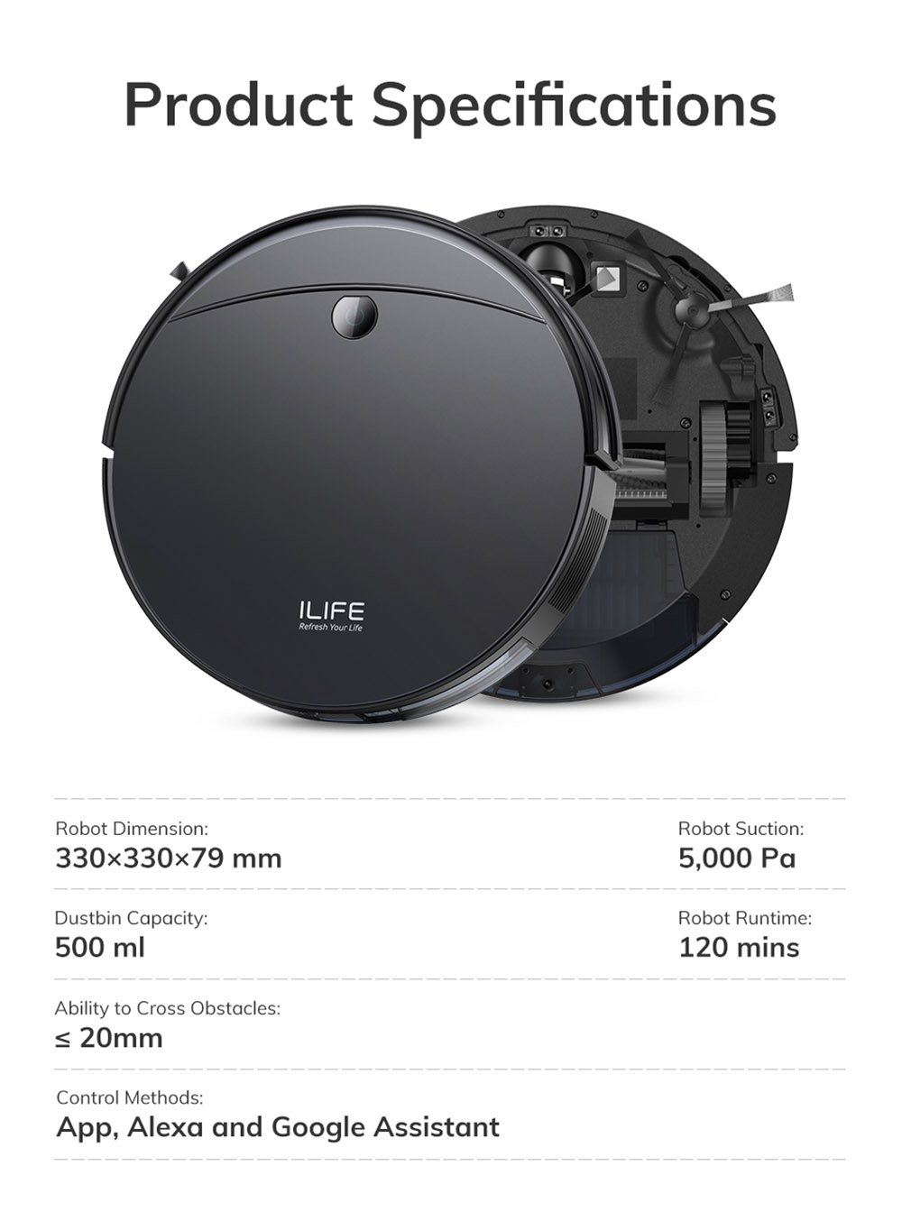 Robotický vysávač ILIFE V10, 5000Pa sanie, 120min prevádzka, gyro navigácia, samonabíjanie, 2.4G WiFi, aplikácia, Alexa a diaľkové ovládanie